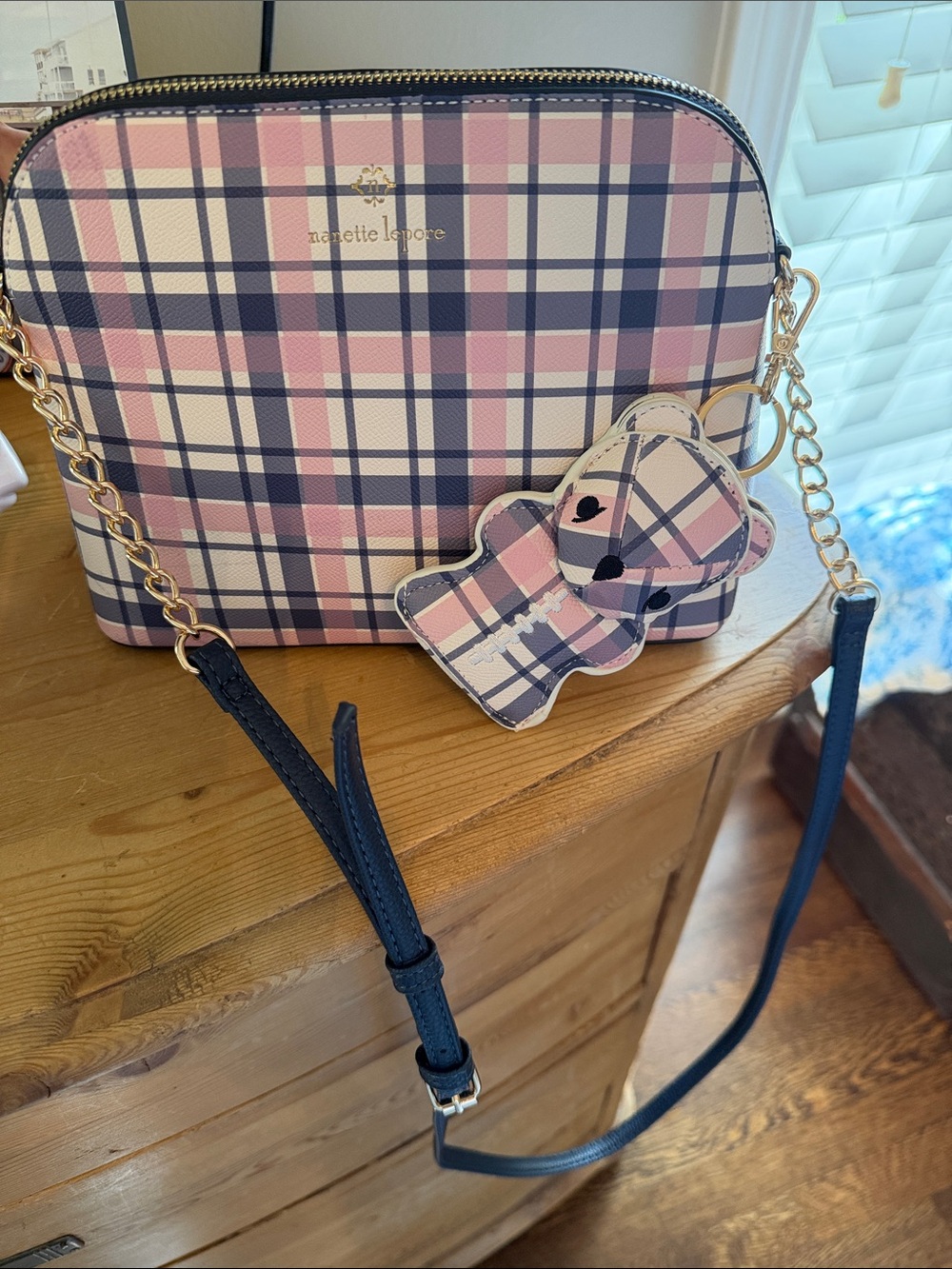 Nanette Lepore Pink Plaid Crossbody with Bear Charm